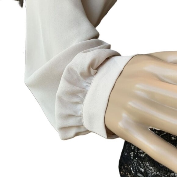 Forever 21 Blouse Round Neck Long Sleeves Lace Overlay Tan/Black Women’s L NWT - Picture 8 of 13